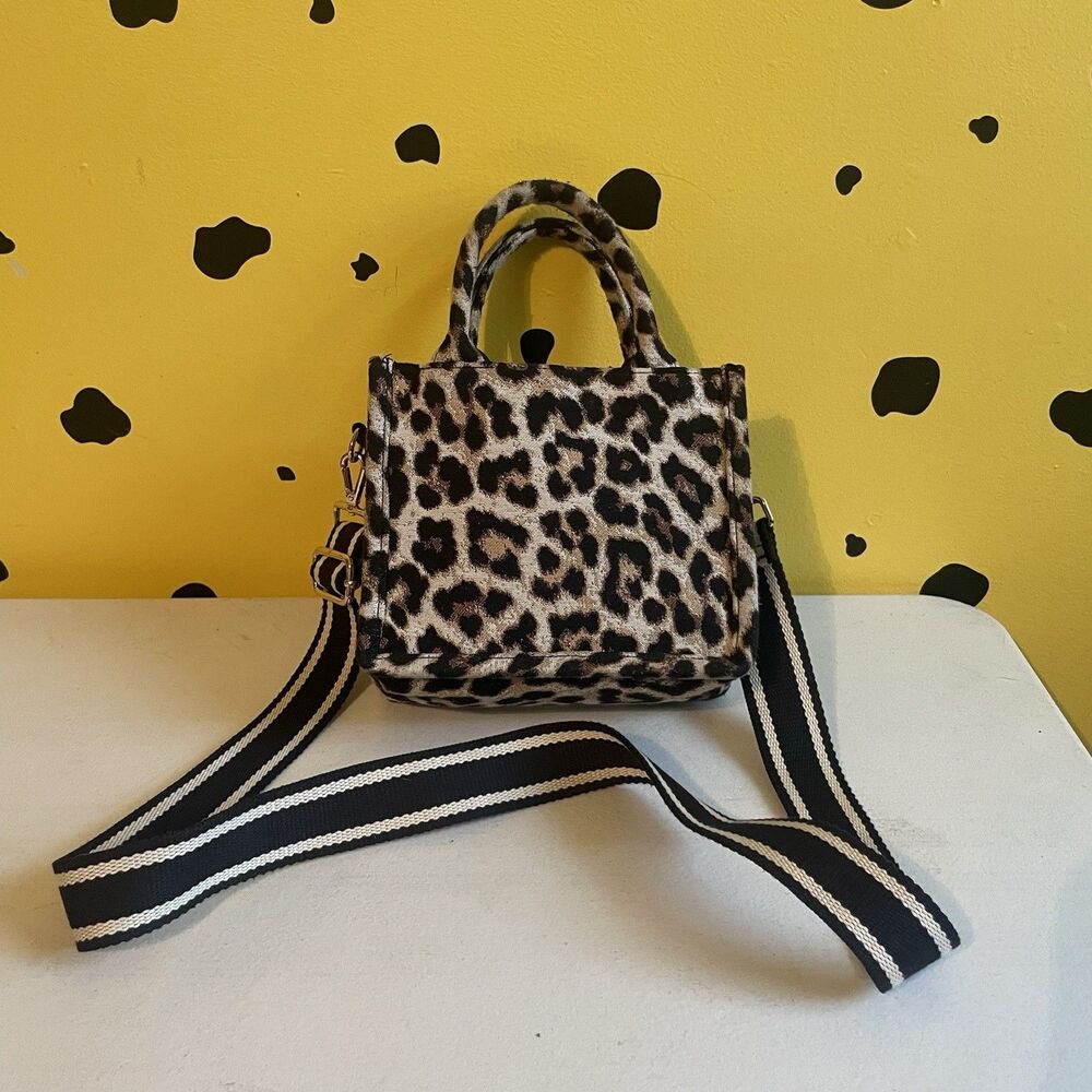 Y2K Leopard Mini Tote Crossbody Bag H&M Animal Print Purse Gold Hardware